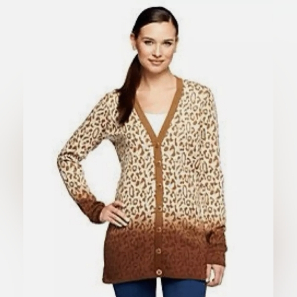 Isaac Mizrahi Live Leopard Dip-Dye Cardigan Size S Animal Print Knit Chrstnut - Picture 1 of 8